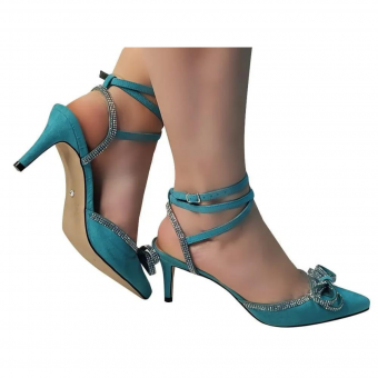 Scarpin Suede /Laço/Strass/Amarração/Salto 7cm