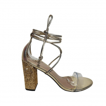 Sandália Cruzada/Glitter/Amarração/Salto Bloco 9cm